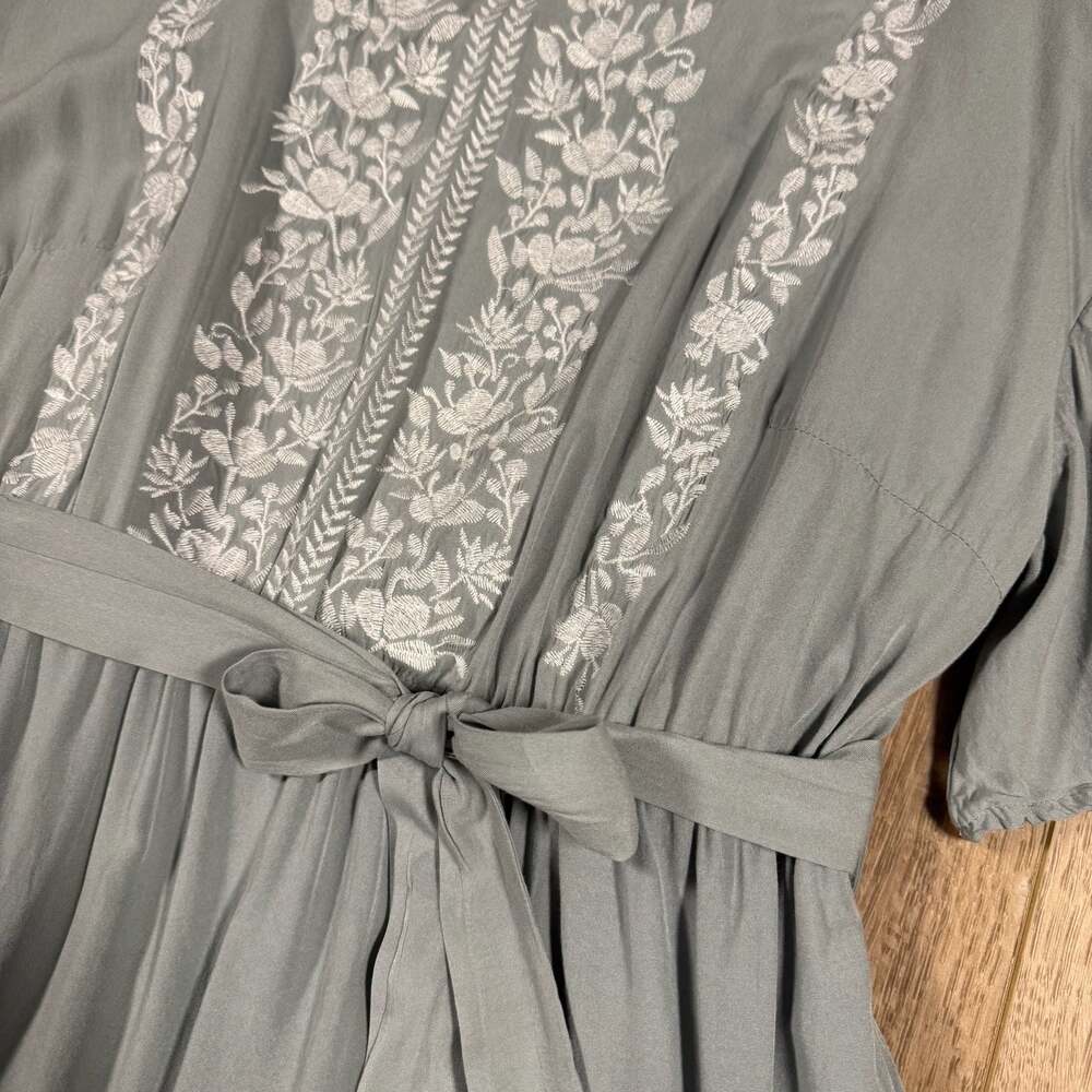 Polagram Sage Green Embroidered Floral Ruffle Sleeve Midi Dress Size L - Picture 5 of 11